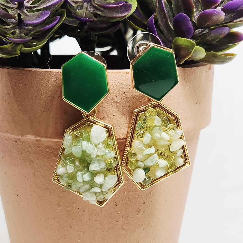 Green Geometric Stone Chip Drop Earrings Gold Tone‎ Hexagon Statement Jewelry - Picture 3 of 8